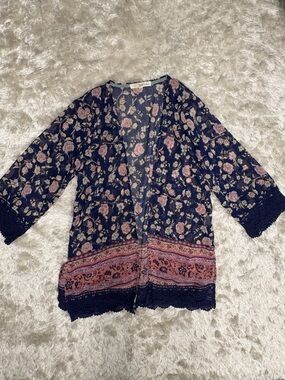 Women’s/Juniors Navy Blue w/ Pink Floral Cardigan Kimono w/ crochet trim